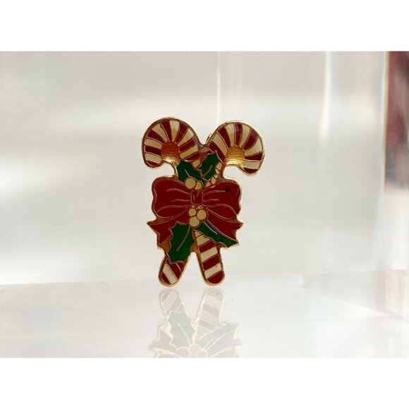 Gold Toned Bowtie Crossed Candy Cane Christmas Holiday Brooch Pin - Picture 4 of 7
